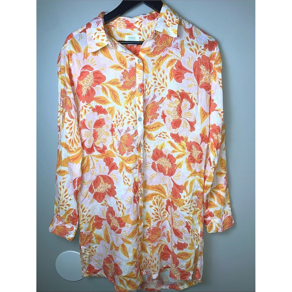 Sigrid Olsen Linen Blend Floral Lightweight Button Up Tunic Blouse Size Medium